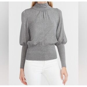EXPRESS Womens Metallic Sparkle Turtleneck Top Puff Sleeve Sweater L